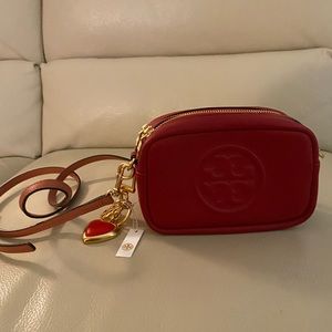 Tory Burch Red Perry Bombe’ Mini Leather Crossbody with Logo Heart Key Fob
